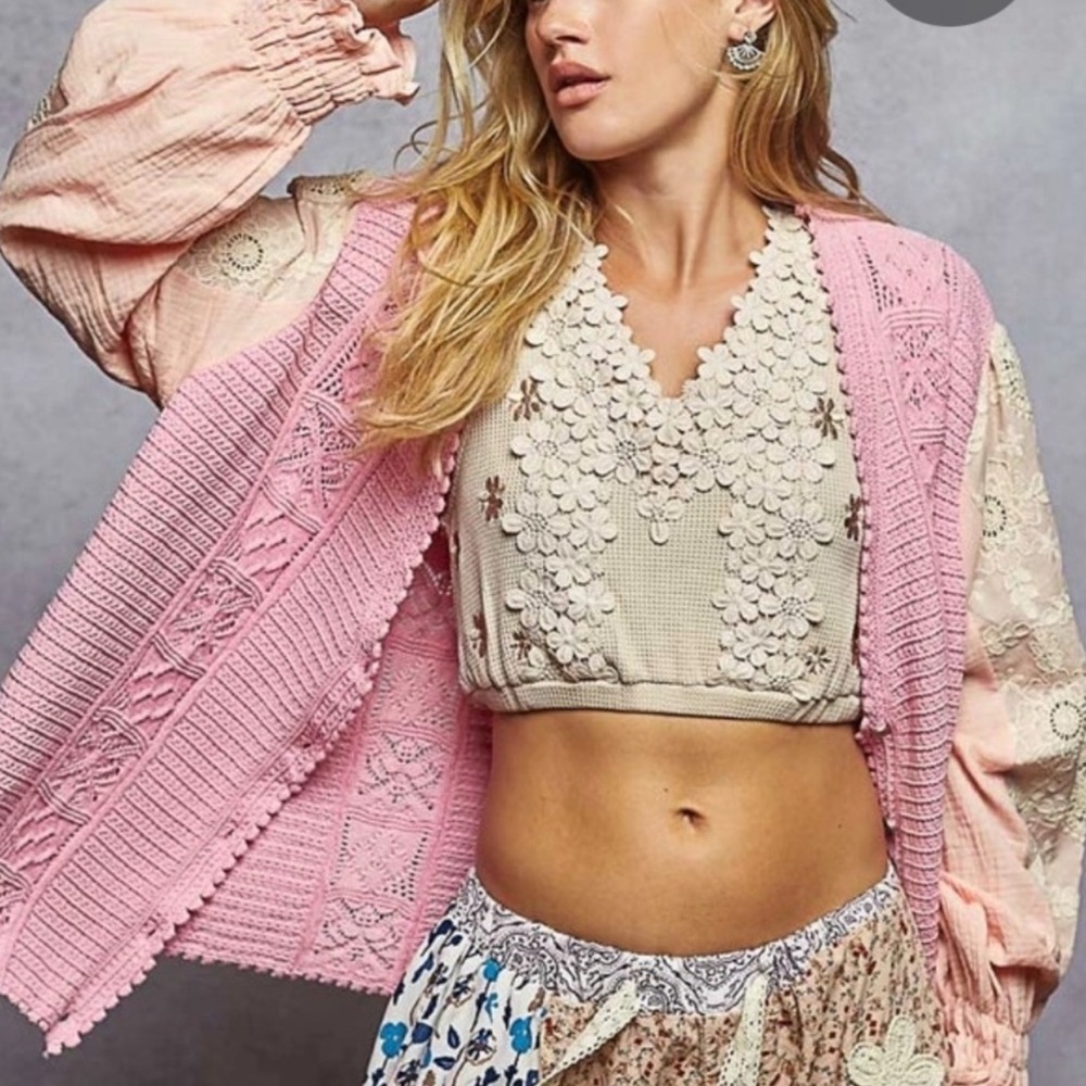 NWT POL Pink Textured Cardigan with Peach Sleeves & White Embroidery